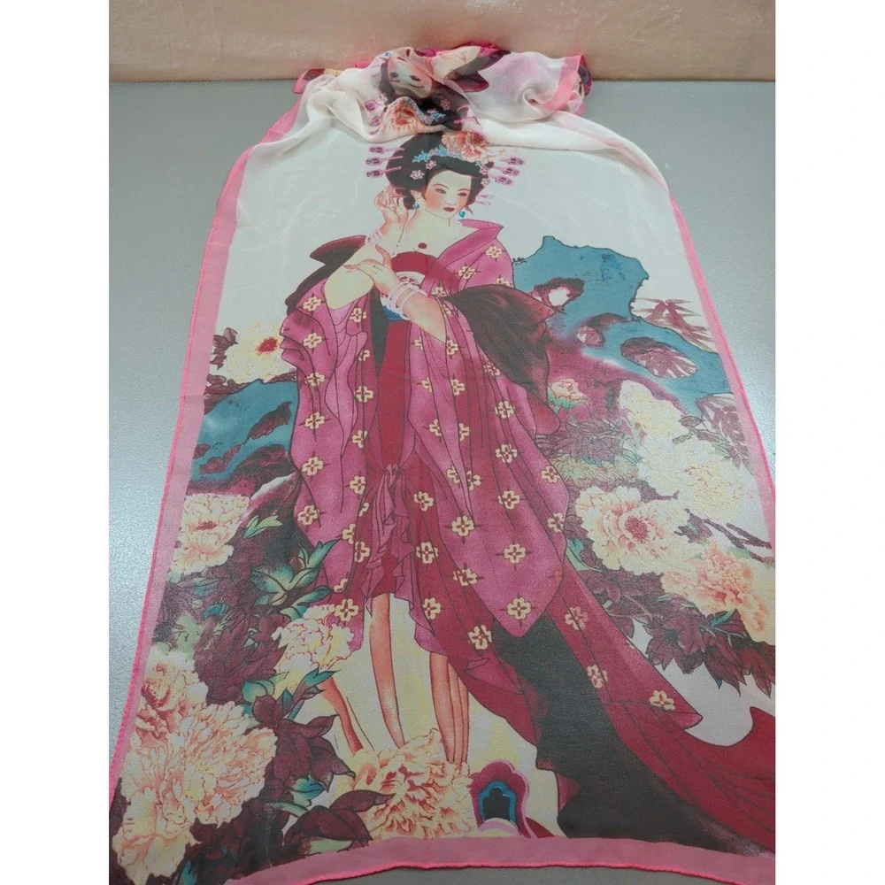 Japanese Geisha Floral Scarf Pink Peony Silk Feel Polyester Sheer Wrap 62x20